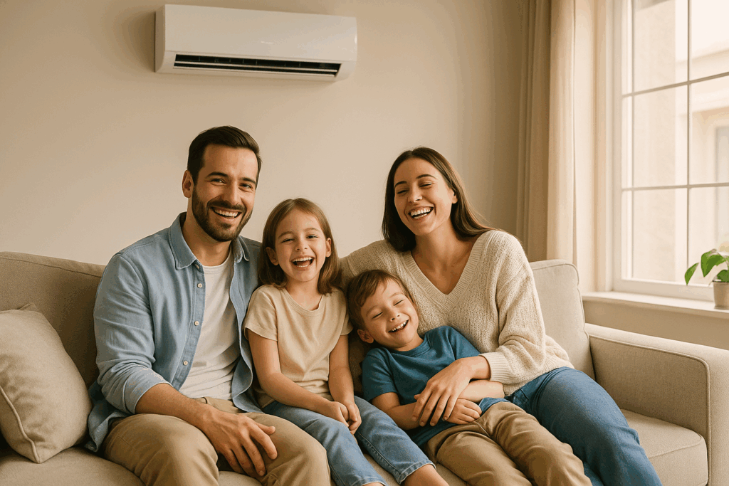 happy family sitting on couch